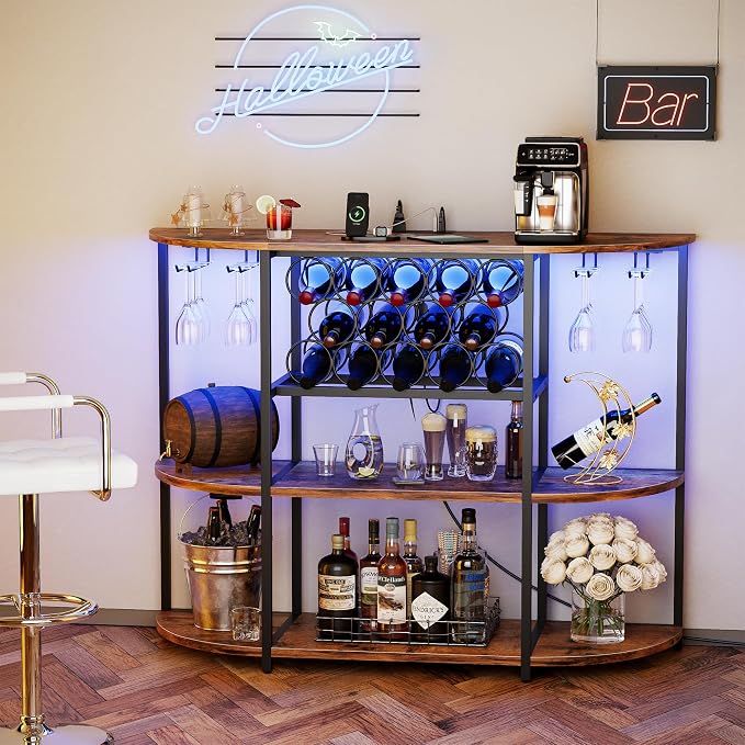 VICTONE Wine Bar Cabinet with LED Lights and Power Outlets, Freestanding Liquor - Image 7