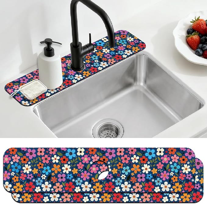 2 Pcs Floral Print Kitchen Sink Splash Guard Faucet Mat Plants Floral patterns by CONCHLERY%E6%97%97%E8%88%B0%E5%BA%97