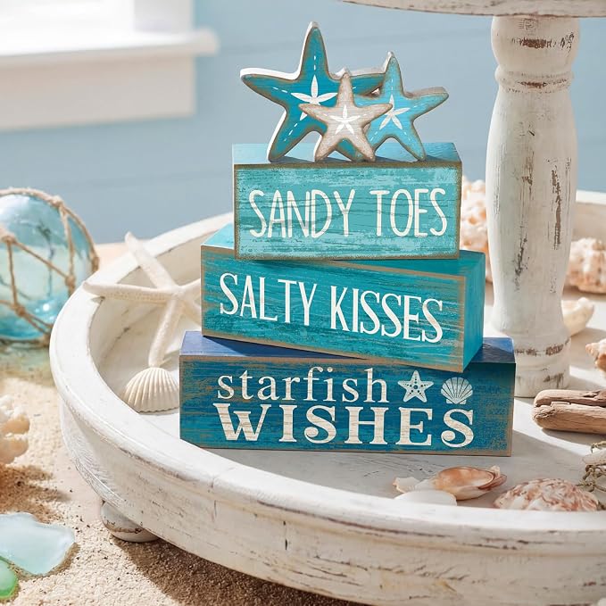 Yuntau 4 Pcs Summer Table Decorations Beach Tiered Tray Decor Starfish Coastal - Image 4
