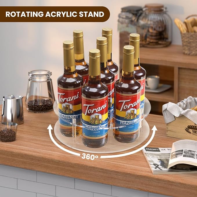 IEEK Large Rotating Coffee Syrup Organizer 7 Bottles Clear Acrylic Coffee Syrup - Image 6