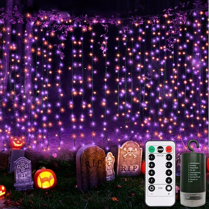 Halloween Battery Curtain Lights Purple Orange by DealBetaBatteryStringlights