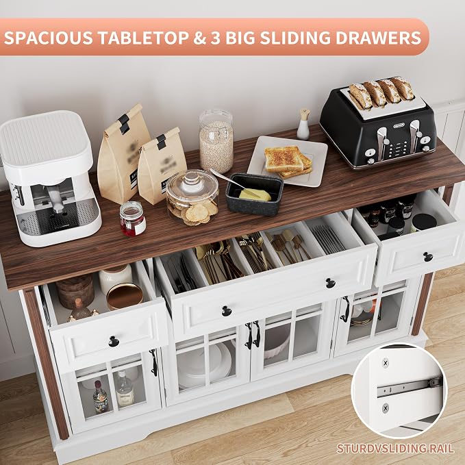 Sideboard Buffet Cabinet with Storage and Glass Doors, 4-Door Cabinet with 3 - Image 5