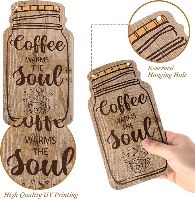 Jetec 4 Pcs Coffee Bar Decor Mason Jar Wood Sign Wall Hanging Plaque But First - Image 5