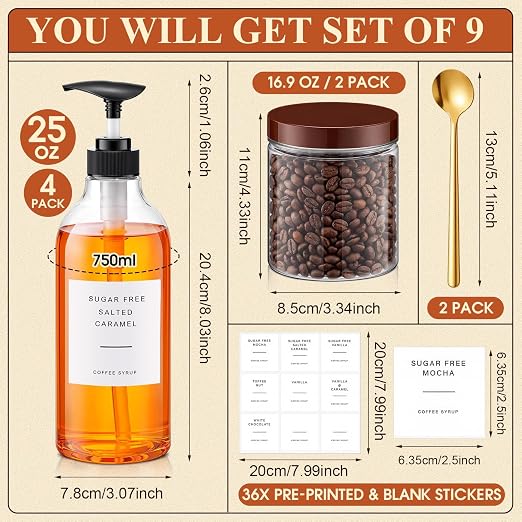 9 Pcs Coffee Syrup Dispenser Set 25.4 Oz/750 ml Plastic Coffee Syrup Dispenser - Image 2