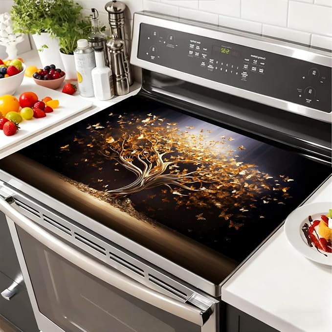 Golden Tree of Life Butterfly Stove Top Cover 28.3 x 20.5 Inches, Heat by KKYEJLQYI