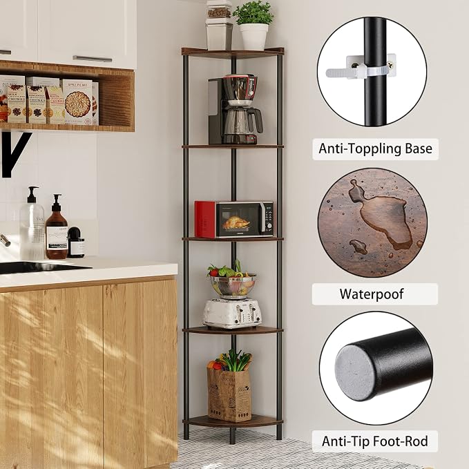 SUNMORY 5 Tier Corner Shelf Stand, Industrial 65" Corner Shelves Display Shelf - Image 3