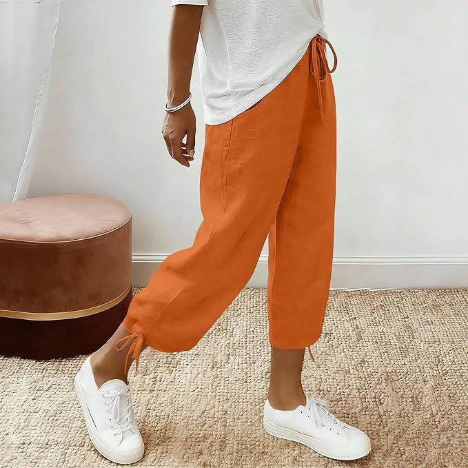 Linen Capri Pants for Women Drawstring Elastic Wide Leg Trouser 2026 Summer - Image 2