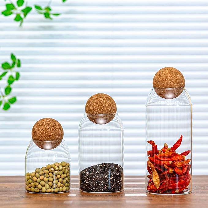 3 Pcs Glass Storage Jars with Cork Ball Lids - Image 3