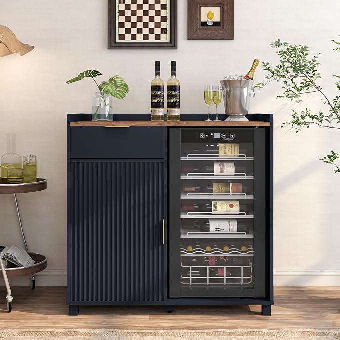 Coffee Bar Cabinet with Fridge Space&Fluted Door, Mini Fridge Cabinet with Wine - Image 3