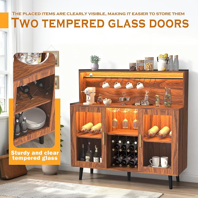 TITIMO Wine Bar Cabinet with LED Light, Coffee Cabinet with Wine Rack and Glass - Image 3
