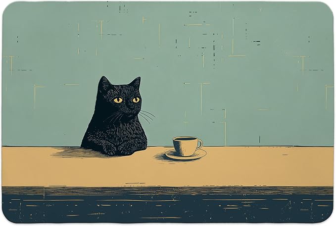 Black Cat Dish Drying Mat, Cat Lover Gifts, Vintage Cats Drinking Coffee Black by Unknown