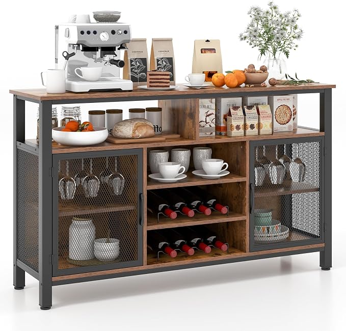 Giantex Coffee Bar Cabinet for Liquor and Glasses, 6 Rows of Wine Glass Holders by Giantex