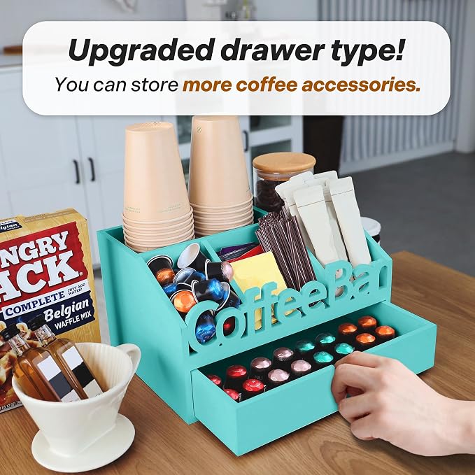 Coffee Bar Organizer Countertop, Wood Coffee Station, Turquoise | K-Cups - Image 7