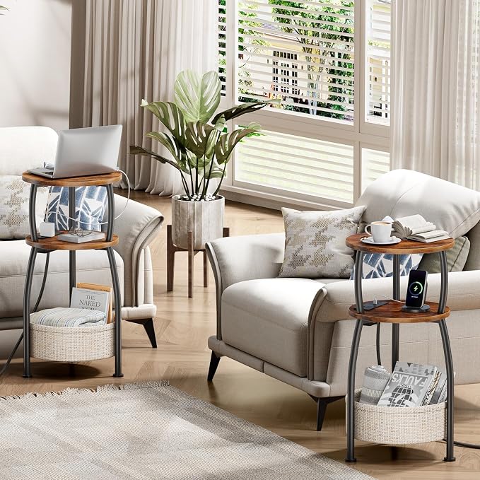 Side Table with Charging Station, Small Round End Table with Basket, USB and - Image 5