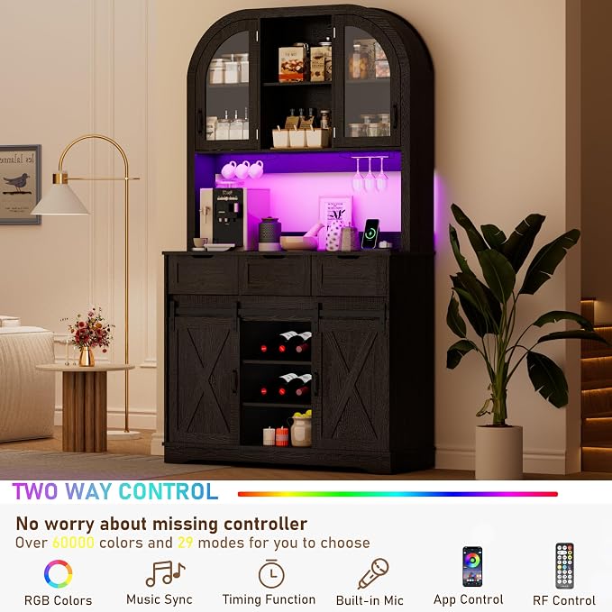 72" Tall Arched Pantry Cabinet w/Power Outlet, LED Lights, 3 Drawers, Glass Door - Image 5