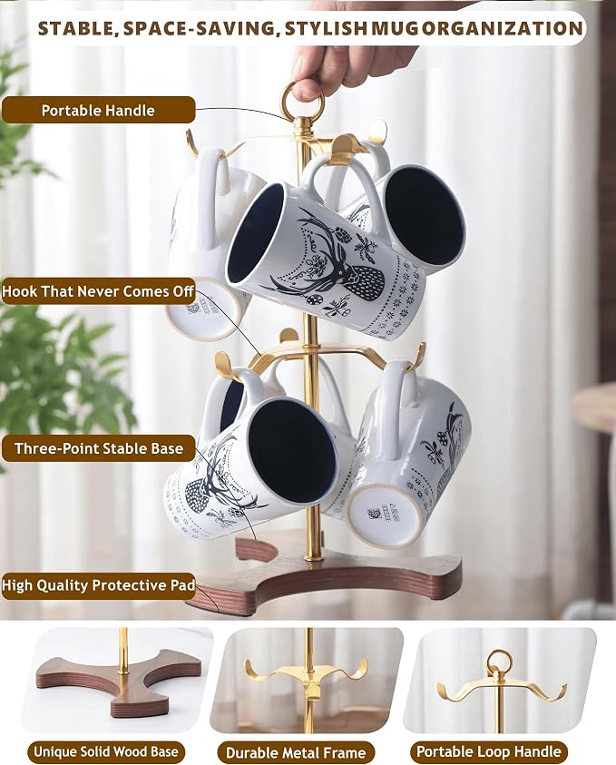 Gold Mug Holder Tree for Countertop | 2-Tier Coffee Mug Rack Holds 6 Large Mugs - Image 5