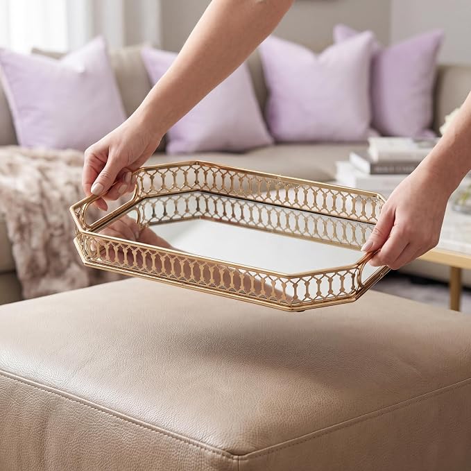 Glass and Gold Rectangular Tray Set of 2， Dinner Plate Perfume and Vanity Tray - Image 4