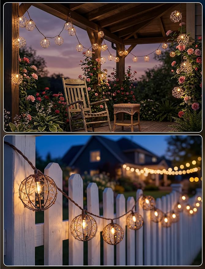 Abeja LED Outdoor Patio Lights, 8.5Ft Beaded Copper Wire Ball Style Lantern - Image 7