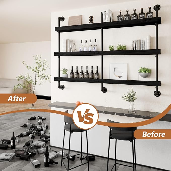 Industrial Wine Rack Wall Mounted, Solid Wood Shelf - Image 4