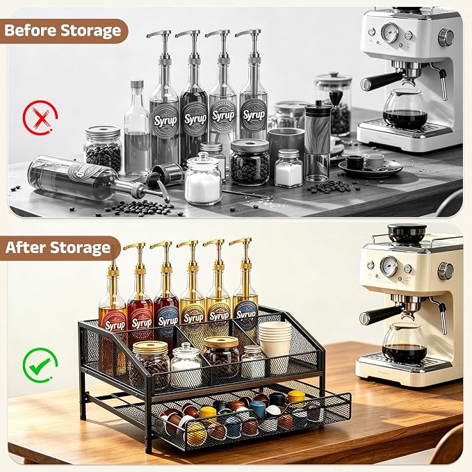 Coffee Bar Organizer, 2-Tier Coffee Station Organizer, Wood Coffee Syrup - Image 5