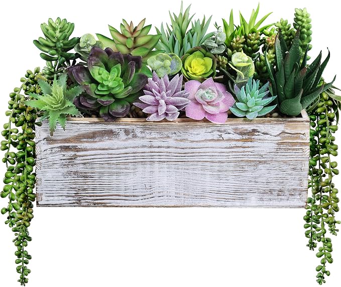 Winlyn 19 Pcs Assorted Artificial Succulents in Rectangular Wooden Pot by Winlyn