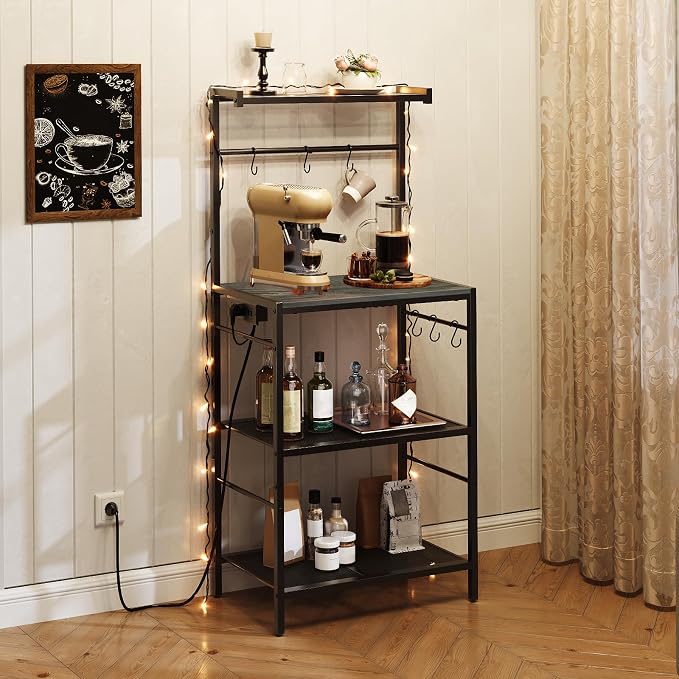 MAHANCRIS Bakers Rack with Power Outlet, Kitchen Storage Shelf with 6 Hooks by MAHANCRIS