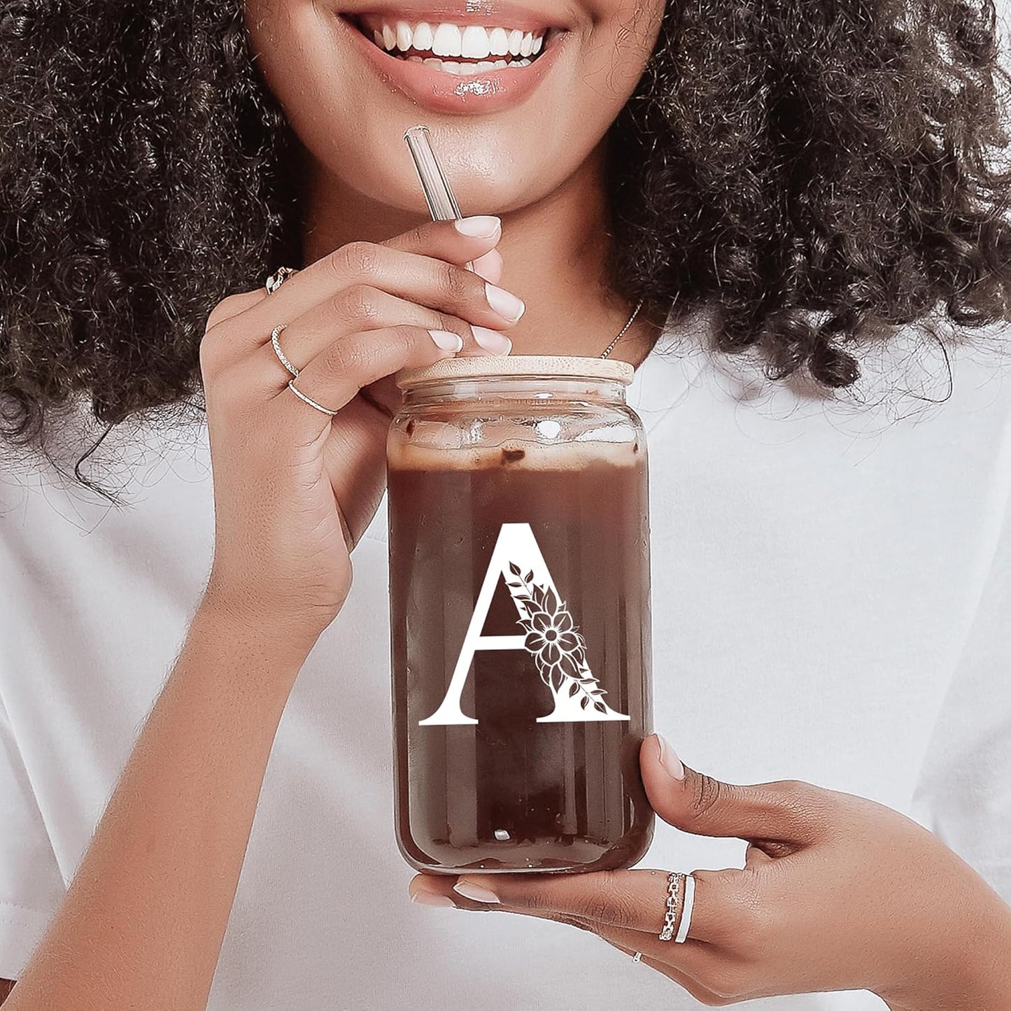 Personalized Gifts for Women, Monogrammed Glass Cups with Lids and Straws, Custom Tumbler, Cute Customized Mug, Aesthetic Stuff, Initial Iced Coffee Cup, Drinking Glasses, Birthday Teacher Gifts, F