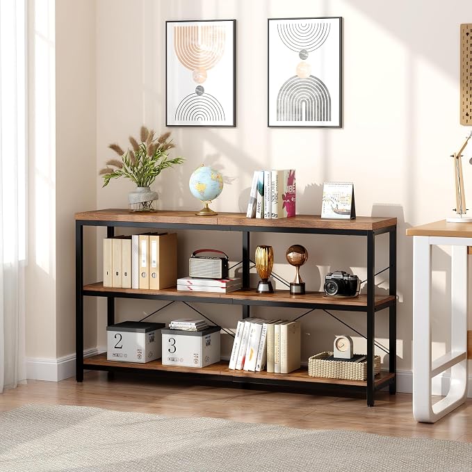3-Tier Industrial Bookshelf, Wide Wood Horizontal Bookcase, Open Large Book - Image 7