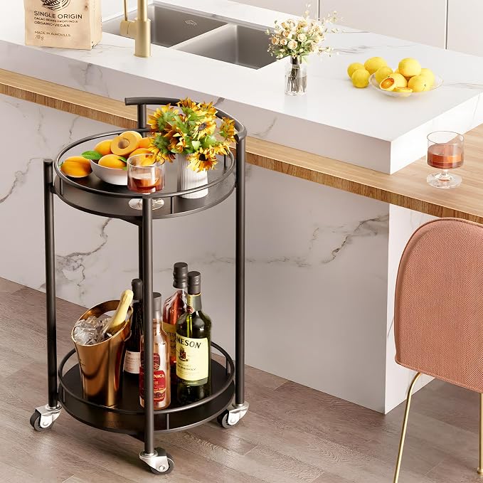 Bar Cart Black Rolling Cart for Home, 2 Tiers Bar Serving Cart Round Wine Cart - Image 6