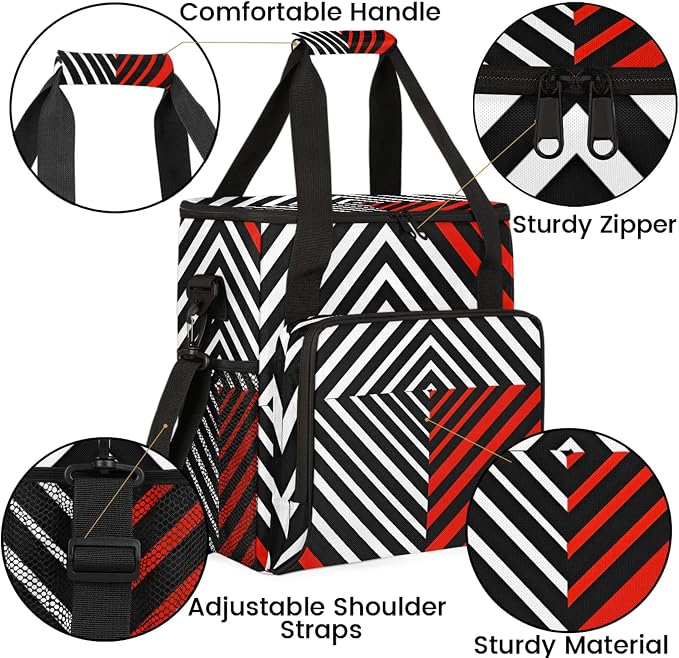 Black White and Red Coffee Maker Travel Bag, Striped Insulated Grocery Bag - Image 6