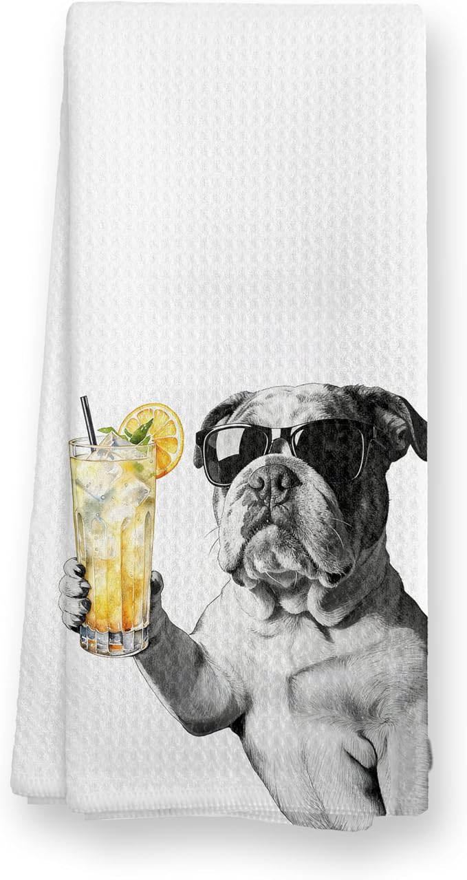 Funny English Bulldog Cocktail Kitchen Towels, Cute Dog Tea Towels, Dog Lover by TopXmai