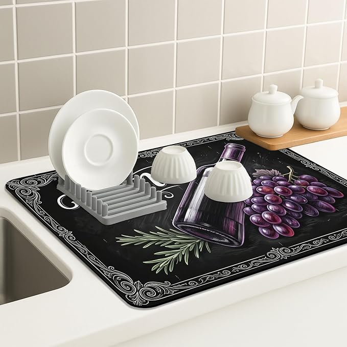Wine Inspired Dish Drying Mats for Kitchen Counter, Vintage Black Grapes - Image 4