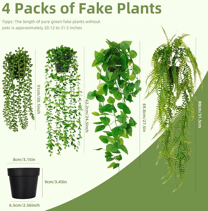 Fake Plants 4 Pack Artificial Hanging Plants, Fake Potted Greenery Faux - Image 2