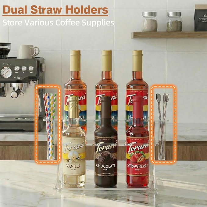 Coffee Syrup Organizer with Straw Holders, 2-Tier Acrylic Syrup Rack, Anti-Slip - Image 2