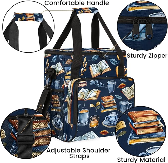 Books Coffee Theme Coffee Maker Carring Bag, Large Insulated Storage Organizer - Image 6