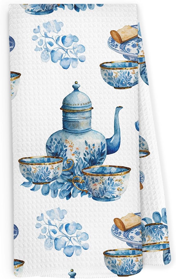 Chinoiserie Floral Teacups Bread Kitchen Dish Towels 16x24 Inch, Tea Lover Gifts by Pugwak