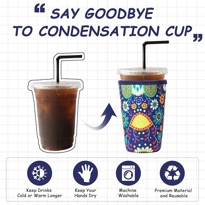 3Pcs Reusable Insulated Neoprene Iced Coffee Cold Soda Cup Sleeve | Blue - Image 2