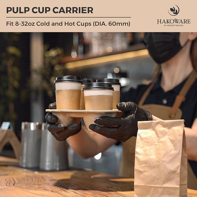HAKOWARE 8-32oz 4 Cup Disposable Drink Carrier Trays, Compostable Pulp Fiber - Image 7