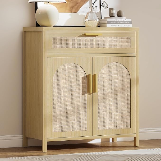 Rattan Buffet Cabinet with Storage, Sideboard Cabinet with Doors and Shelves by Curlaky