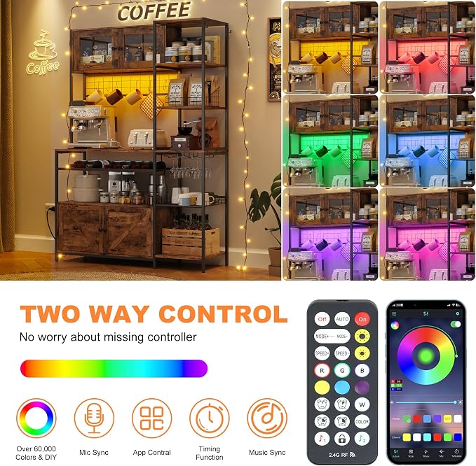 67 in Tall Bakers Rack with Power Outlet & LED Light, Coffee Bar Cabinet with 2 - Image 5