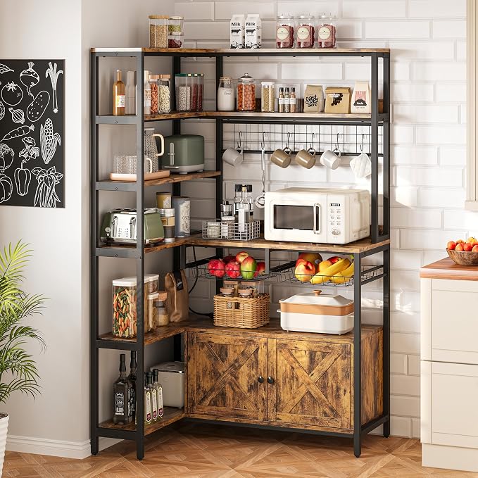 IRONCK Corner Bakers Rack with Power Outlet, Coffee Bar 6 Tier with Storage by IRONCK