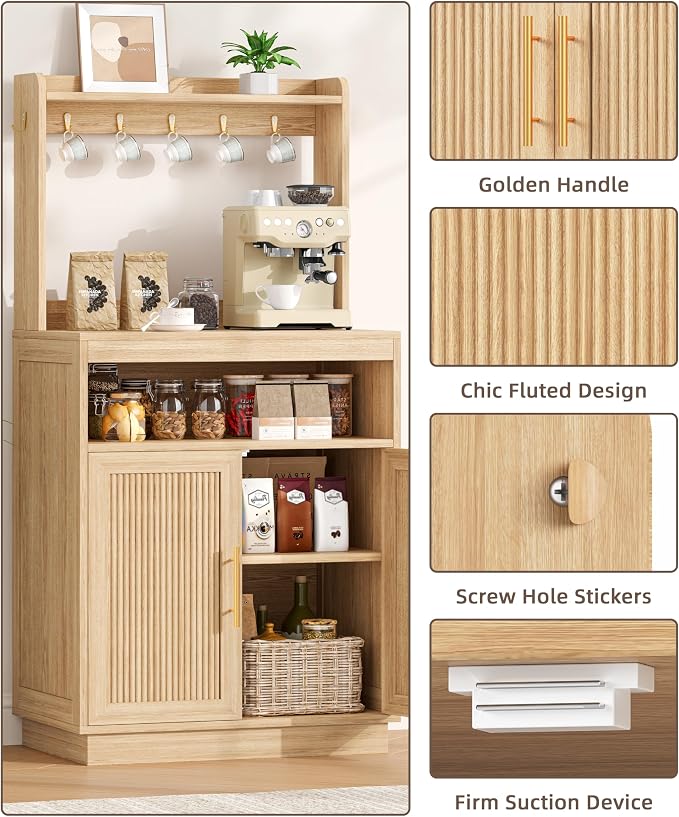 Fluted Coffee Bar Cabinet with Storage, Coffee Station with Adjustable Shelf - Image 7