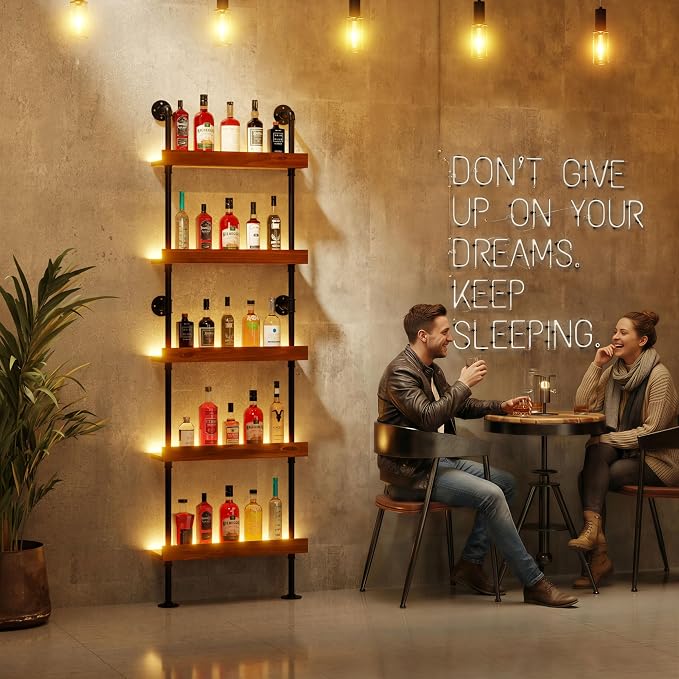 Wall Mounted Wine Rack with LED Light, LED Industrial Pipe Liquor Bar Shelves - Image 6