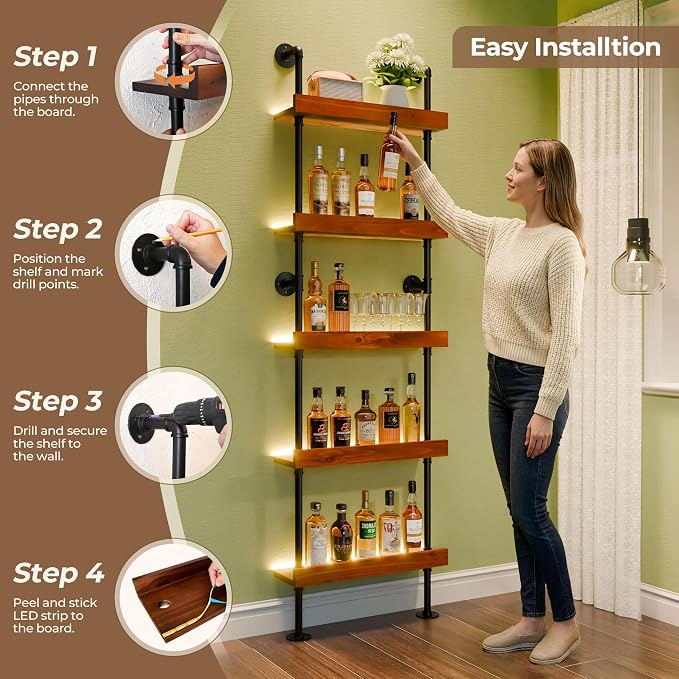 Wall Mounted Wine Rack with LED Light, LED Industrial Pipe Liquor Bar Shelves - Image 4