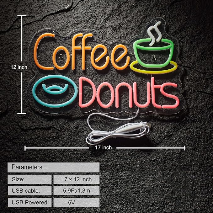 Coffee and Donuts Neon Sign for Wall Décor Dimmable LED Neon Light USB Powered - Image 3