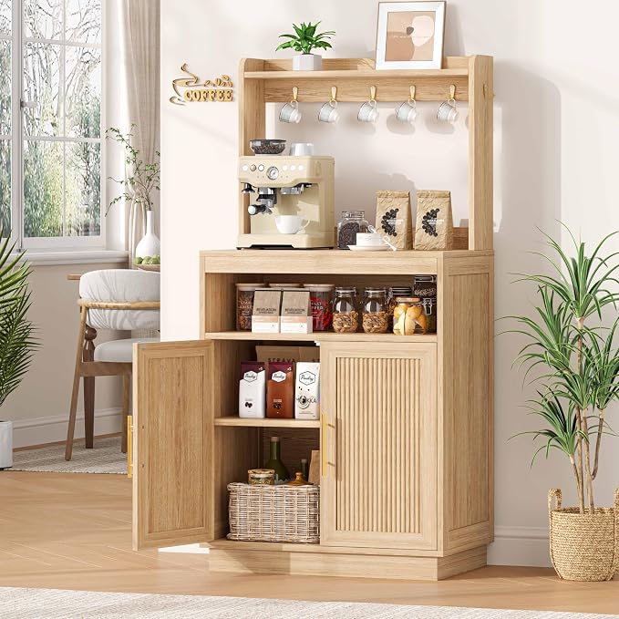 Fluted Coffee Bar Cabinet with Storage, Coffee Station with Adjustable Shelf - Image 9