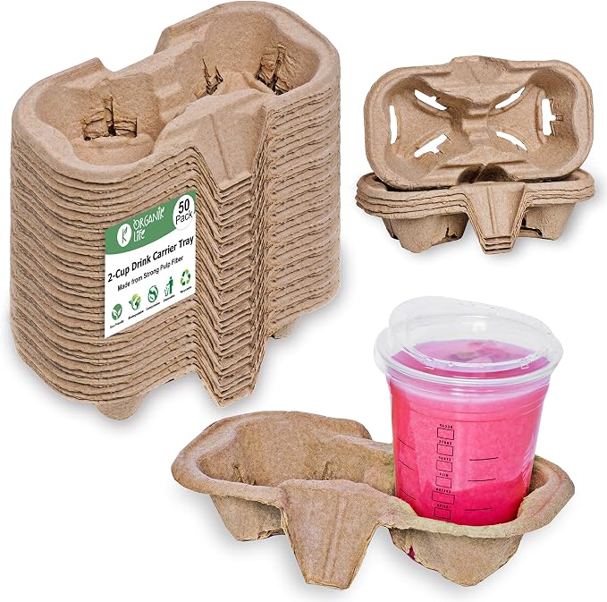 2 Cup Carrier Tray, No-Mess Disposable Cup Holder Tray, Biodegradable, by K+ORGANIK+LIFE