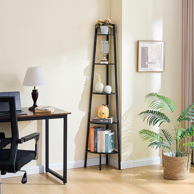 Hoctieon Corner Shelf, 5-Tier Corner Bookshelf, Rustic Ladder Shelf, Industrial - Image 9