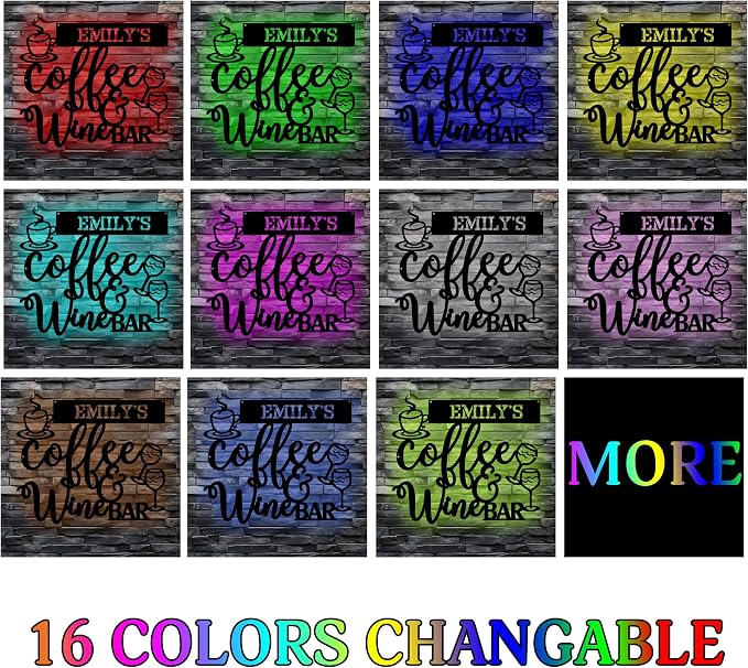 Personalized Coffee & Wine Bar Metal Wall Art, Art Deco Style, LED Lights - Image 7