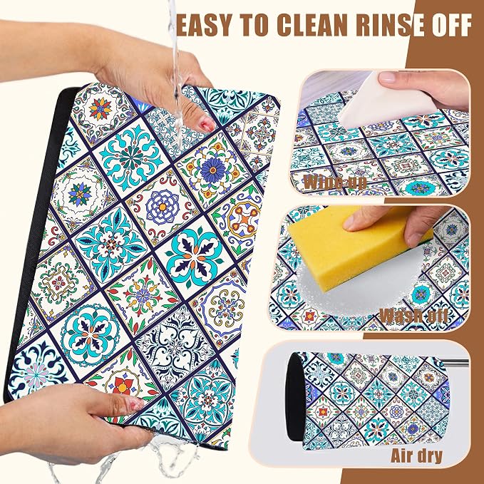 Colorful Tiles Dish Drying Mat for Kitchen Counter Coffee Mat Hide Stain - Image 5